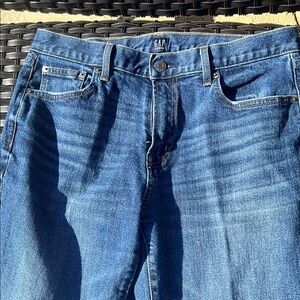 Classic Medium Blue Straight Jeans with Subtle Fading Girlfriend Dark indigo.